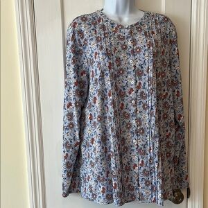 Floral Tunic Top Button Front Women's XL 18 Long Sleeve  Blue‎ Cottage Relaxed